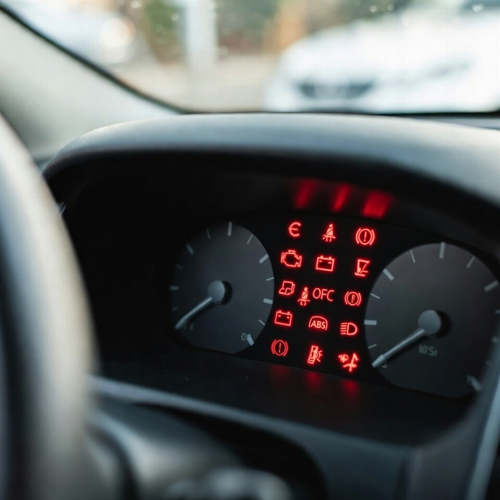 Red warning lights on dashboard